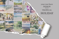 Background with many photos from vacation on beautiful a seaside with effect ofripped paper. Design, advertising, concept