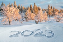 2023 written in the snow, winter landscape greeting card