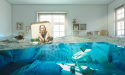 3 year old blond girl sitting inside a vintage suitcase floats on water in her flooded bedroom. Concept of difficulty and carefree.