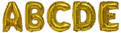 real balloons in the shape of letters a b c d and metallic gold on a white background