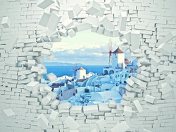 breaking 3d wall and santorini landscape