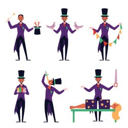 Cartoon magician performing different magic tricks - rabbit in top hat, swallowing a sword, sawing woman in half and other illusions. Isolated flat set vector illustration