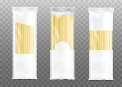 Mockups set of three pasta bags with white blank parts for brand identity and logo placement, realistic vector illustration isolated on transparent background.