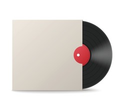 Mockup of vinyl music disc in blank white envelope cover, 3d realistic vector illustration isolated on white background. Music lp retro vinyl disc template.