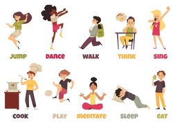 Children performing different actions set for learning English verbs, flat vector illustration isolated on white background. Actions vocabulary worksheet.
