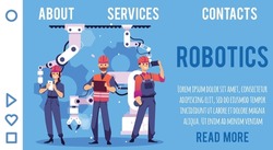 Industrial robots website page interface with smart factory workers monitoring work of robotic system, flat vector illustration. Webpage or presentation slide design.