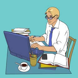 A man in a shirt sits at a table. Writer, journalist, scholar, student write his work in the computer. Work on the Internet. On the table, a lot of paperwork. The process of study. Vector illustration