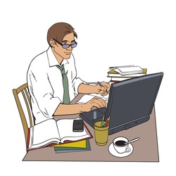 A man in a shirt sits at a table. Writer, journalist, scholar, student write his work in the computer. Work on the Internet. On the table, a lot of paperwork. The process of study. Vector illustration