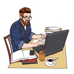 A hipster man in a jeans jacket sits at a table. Writer, journalist, scholar, student write his work in the computer. Work on the Internet. On the table, a lot paperwork. The process of study. Vector 