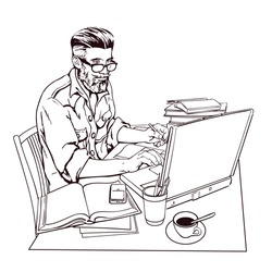 A hipster man in a jeans jacket sits at a table. Writer, journalist, scholar, student write his work in the computer. Work on the Internet. On the table, a lot paperwork. The process of study. Vector 