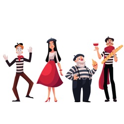 Set of French male and female characters, mimes holding cheese, baguette, wine as symbols of France, cartoon vector illustration isolated on white background. French people, mimes, symbols of France