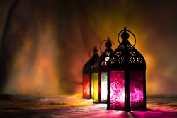 Eid lamps or colorful lanterns for Ramadan and other islamic muslim holidays, with copy space for text.