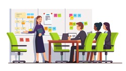 Business consultant showing planning board tasks to business seminar students people, pointing at scrum task board plan, sticky notes flowchart. Conference meeting room interior. Vector illustration