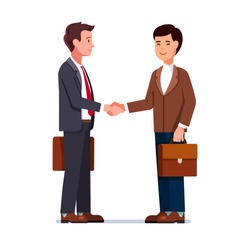 Two international business man Caucasian and Chinese shaking hands. Businessmen first meeting greeting with firm handshake. Flat style character vector illustration isolated on white background