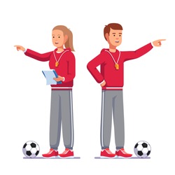 Soccer coach man and woman pointing finger talking instructing football team standing next to soccer balls, holding paperclip notes. Football game coach in uniform. Flat vector illustration