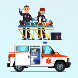 Two paramedics emergency rescue team giving first aid to injured patient on stretcher. Ambulance car. Medicine and injury emergency paramedics first aid car. Flat vector isolated illustration