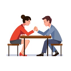 Business man and woman sitting and arm wrestling at desk. Business rivals competing. Office worker gender competition and confrontation concept. Flat vector illustration isolated on white