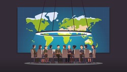 High rank military commanders and politicians authority people discussing strategy sitting at round table. Big war room world map. Conference hall, boardroom or meeting room. Flat vector illustration