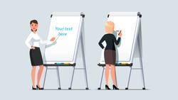 Professional looking business woman giving presentation or lecture on a modern flipchart. Businesswoman writing on flipchart and pointing a pointer stick. Flat style isolated vector illustration