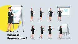 Attractive business teacher woman giving presentation or lecture on a modern flipchart poses set. Businesswoman showing flipchart and text on projection screen. Flat vector illustration