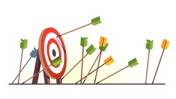 Many arrows missed hitting target mark. Shot miss. Multiple failed inaccurate attempts to hit archery target. Business challenge failure metaphor. Flat cartoon isolated vector object illustration 