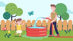Father pouring water into inflatable pool from hose in summer backyard with fence. Joyful daughter kid running to pool happily. Dad entertaining child. Childhood, parenting. Flat vector illustration
