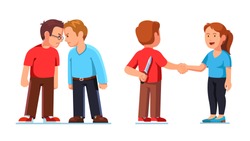 Two mans standing clashing colliding heads in fight. Interpersonal relationship conflicts. Lies and deceit of dishonest person or insincere crooked con man. Flat vector character illustration set