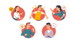 Angry men & women yelling, swearing, fighting set. Indignant furious people with aggressive faces expressing anger, shouting, gesturing, arguing, threatening. Conflict problem flat vector illustration