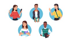 Young men & women college students using gadgets & holding books set. People standing, waving hand, browsing on cell phone, reading textbook. Youth & education. Flat vector character illustration