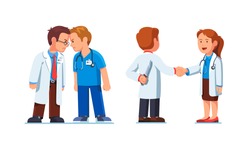 Two medical worker mans standing clashing colliding heads in fight. Interpersonal relationship conflicts. Lies and deceit of dishonest doctor person. Flat vector nurse character illustration set