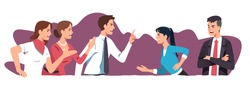 Angry business men, women colleagues team arguing having dispute fight. Managers people discuss business issues, shout, gesture. Disagreement, conflict, teamwork problem flat vector illustration