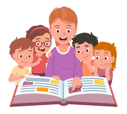 Teacher reading to kids aloud. Excited kindergarten or school children class listening to tutor teaching lesson point at book page. Curious children studying reading flat vector education illustration