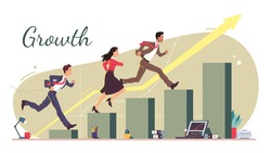 Business career growth concept. Successful business team man, woman running up rising along growing bar chart diagram stairs. Achieving goals, financial success competition flat vector illustration