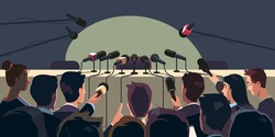 Press conference table with microphones, empty chair, reporter people crowd waiting for speaker. Interview speech media event, news report broadcasting, journalism flat vector isolated illustration