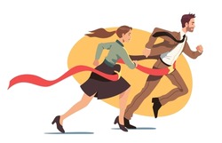 Business man, woman winners persons running, crossing finish line ribbon. Confident businesspersons colleagues team win race competition achieving success. Leadership concept flat vector illustration