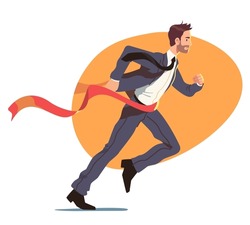 Business man winner leader person running, crossing finish line ribbon. Determined businessman win race competition achieving success. Leadership, career achievement concept flat vector illustration