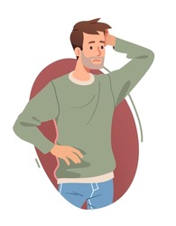 Pensive puzzled man in doubt thinking. Confused thoughtful guy person scratching head pondering. Confusion facial expression, wonder, uncertainty problem, contemplation flat vector illustration