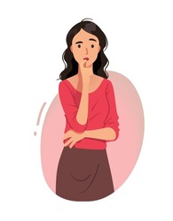 Confused woman in doubt thinking. Puzzled thoughtful lady person cartoon character touching mouth pondering. Confusion facial expression, uncertainty problem, contemplation flat vector illustration