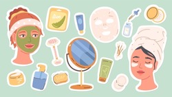 Woman face skin care cosmetic stickers set. Women wearing facial mask, gel eye patches. Cream, oil bottles, massager, mirror, soap. Skincare, hygiene, beauty collection flat vector illustration