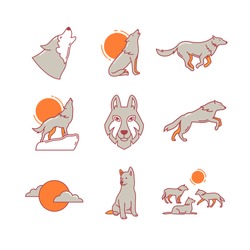Wolves hauling at the full moon on the rock, jumping and running, wolf cub, head and pack. Thin line icons set. Modern flat style symbols isolated on white for infographics or web use.