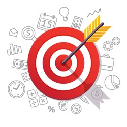 Dartboard arrow and icons. Business achievement and success concept. Straight to the aim symbol. Flat style vector illustration isolated on white background. 