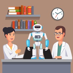 Young researchers man and woman in white smocks programming humanoid bipedal robot at their laptops. Artificial intelligence science. Flat style vector illustration isolated on grey background.