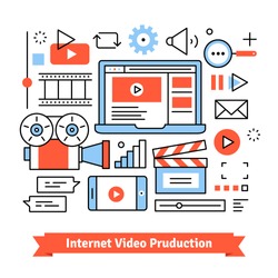 Youtuber video production studio and social media marketing. Independent clip and film-making. Thin line art flat illustration with icons.