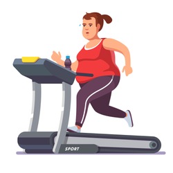 Obese young woman running on treadmill. Girl working out in sweat to get rid of fat belly. Flat style modern vector illustration.