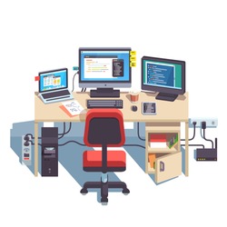 Professional programmer working desk setup with opened project on the monitors. Big table with multiple displays and laptop computer. Flat style color modern vector illustration.