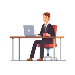 Business man entrepreneur in a suit working on a laptop computer at his clean and sleek office desk. Flat style color modern vector illustration.