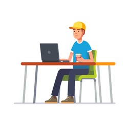 Young man in baseball cap working on a black laptop computer at his clean office desk. Flat style color modern vector illustration.