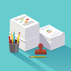 Heap of research documents. Two stacked paper piles accompanied by official stamp, pens and pencils. Bureaucracy concept. Flat style vector illustration. 