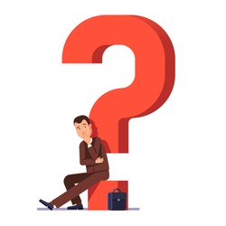 Young business man thinking and asking himself about next job or project. Career choosing concept. Modern flat style vector illustration isolated on white background.