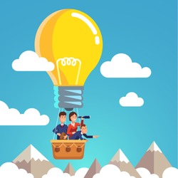 Group of business man and woman flying in the sky on hot air balloon and planning ahead. Looking through spyglass over mountain peaks. Idea concept. Flat style vector illustration.